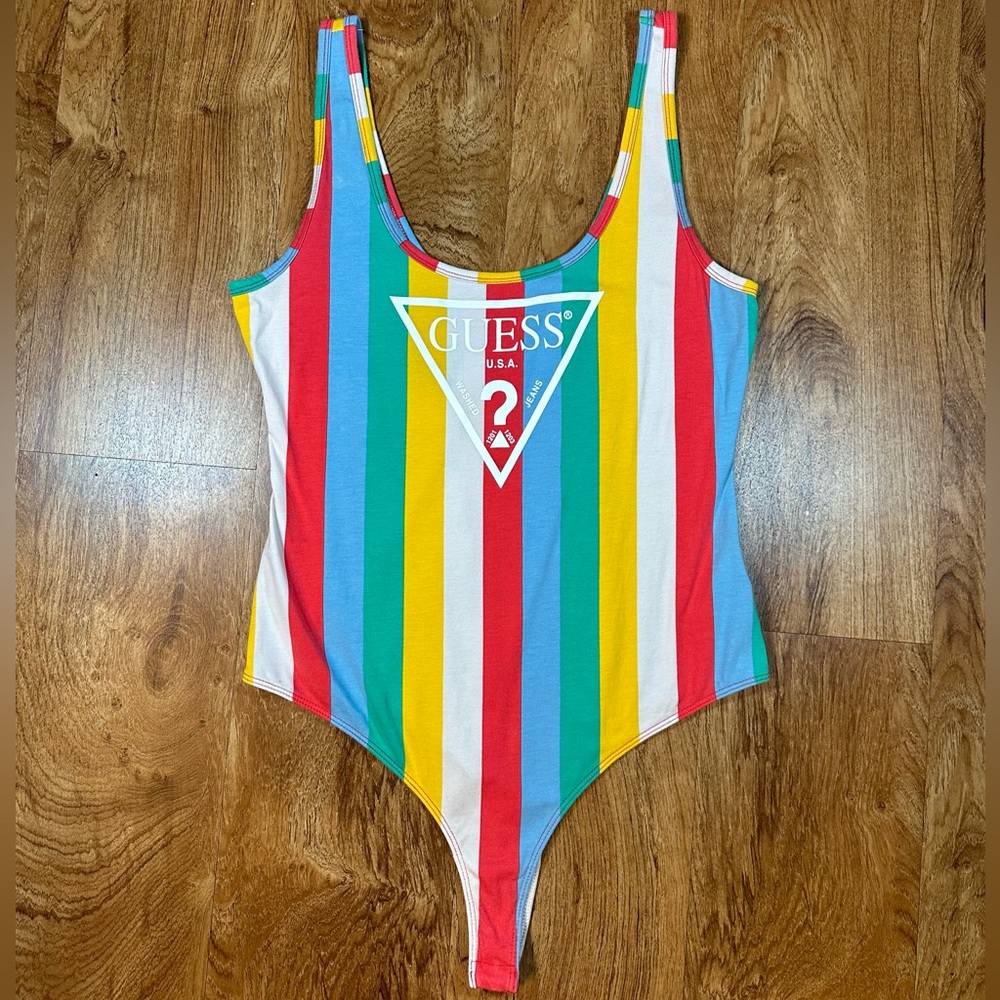 Women’s Guess Rainbow Stripe Bodysuit Size Large Like New Multi Colored Retro